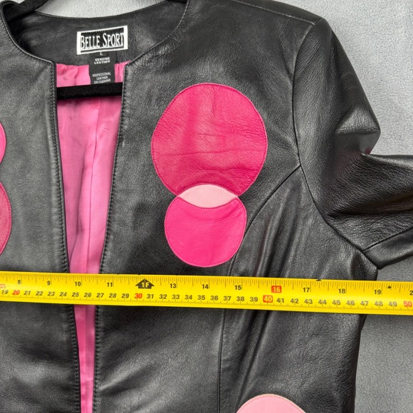 Belle Sport Womens Black Genuine Leather Pink Circle Patch Jacket Size L - Picture 4 of 7